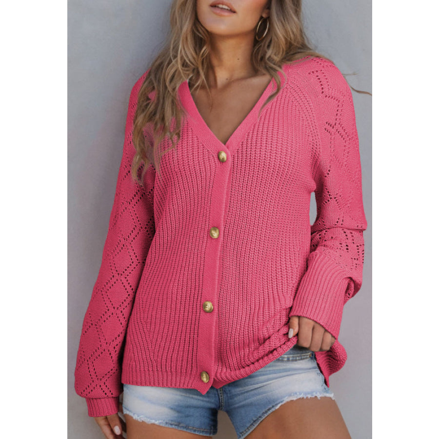 Openwork V-Neck Button Up Cardigan Apparel and Accessories