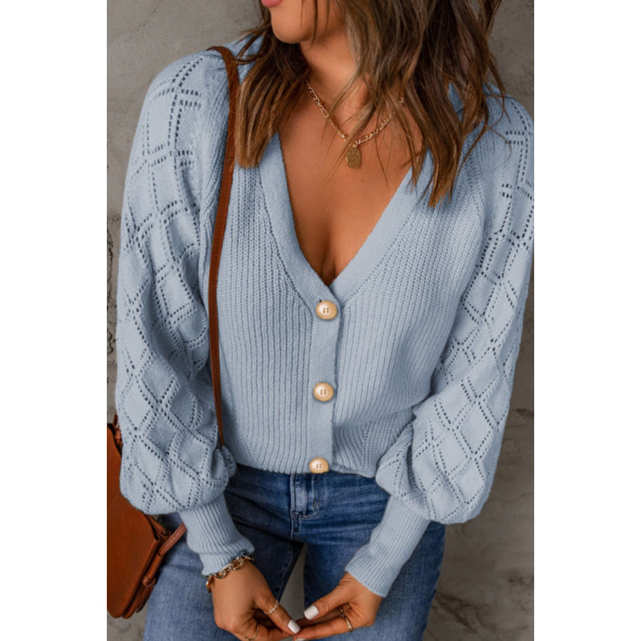 Openwork V-Neck Button Up Cardigan Apparel and Accessories