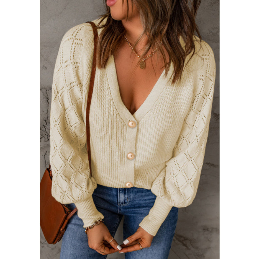 Openwork V-Neck Button Up Cardigan Apparel and Accessories