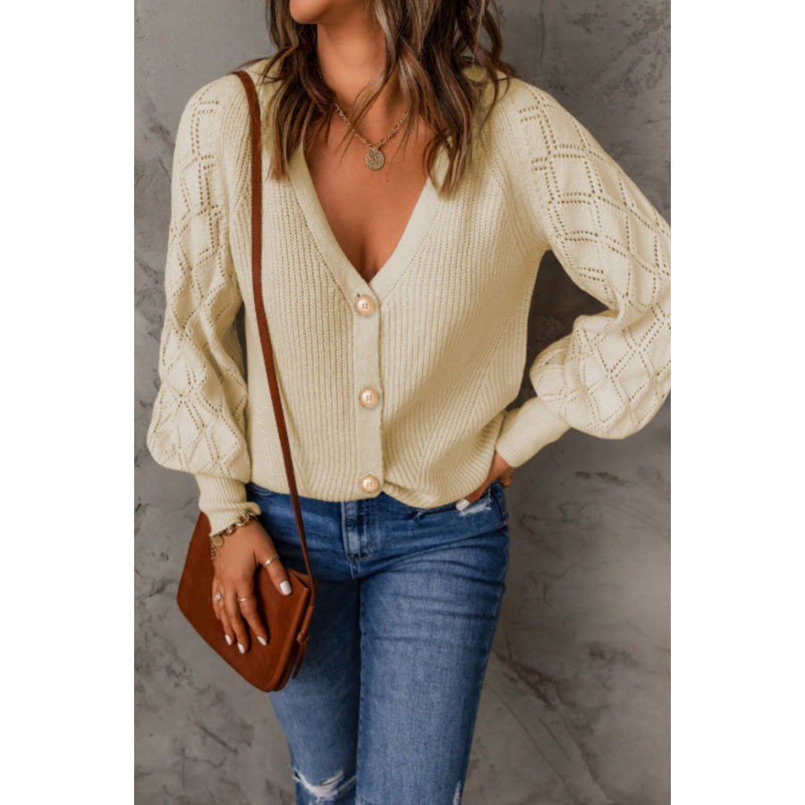 Openwork V-Neck Button Up Cardigan Cream / S Apparel and Accessories