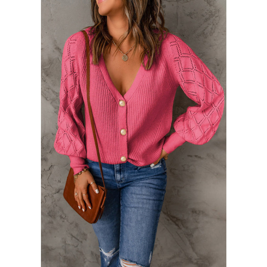 Openwork V-Neck Button Up Cardigan Hot Pink / S Apparel and Accessories