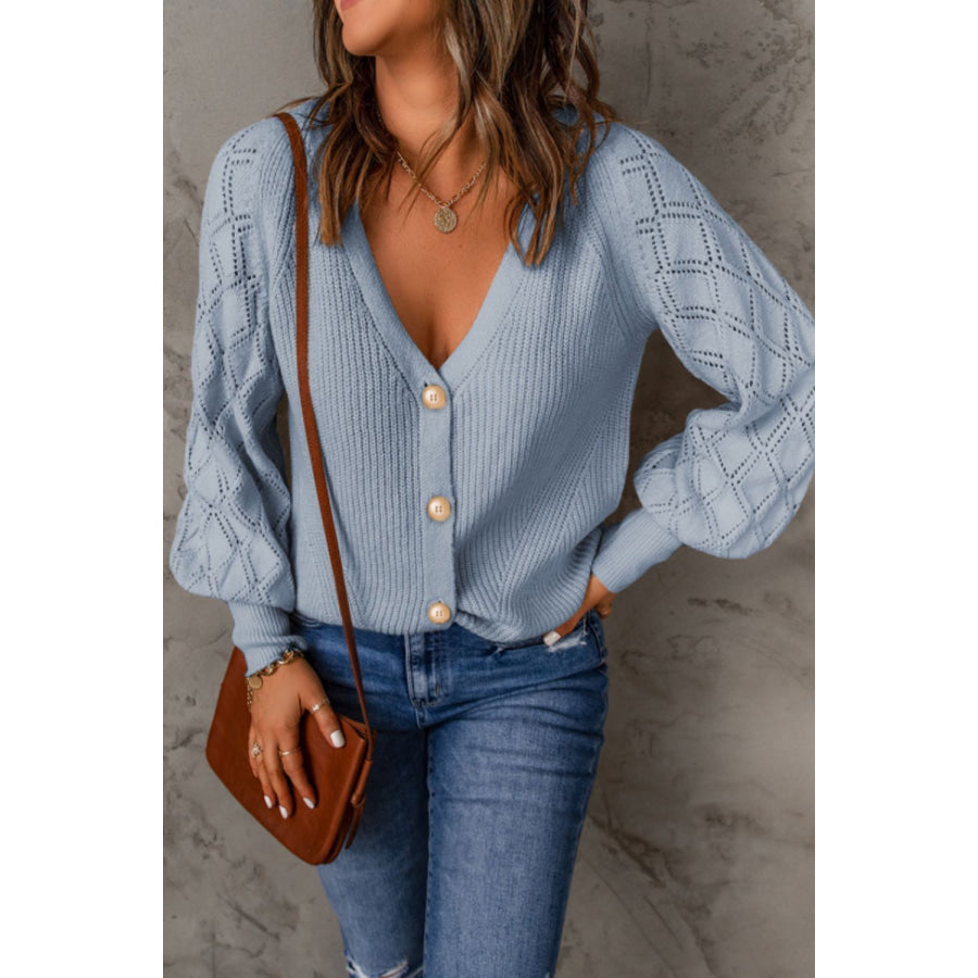 Openwork V-Neck Button Up Cardigan Light Blue / S Apparel and Accessories