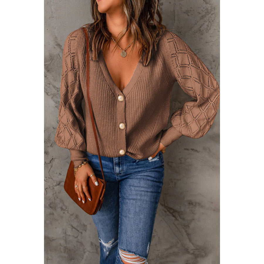 Openwork V-Neck Button Up Cardigan Taupe / S Apparel and Accessories