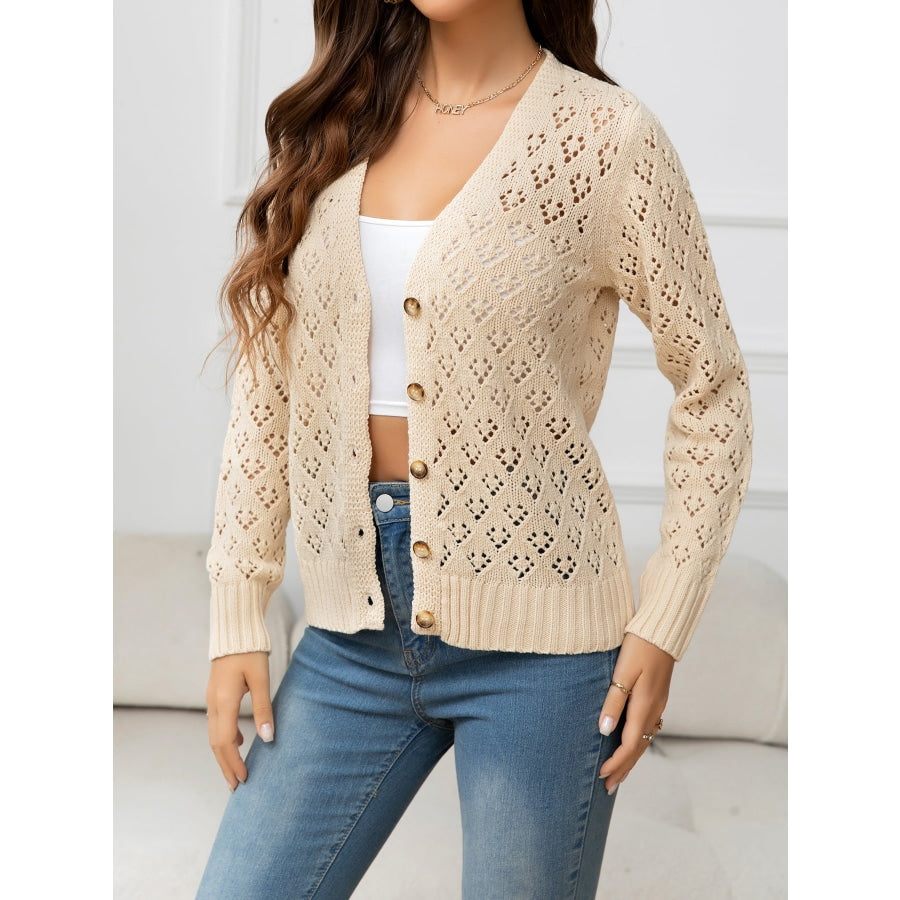 Openwork V-Neck Buttoned Knit Top Sand / S