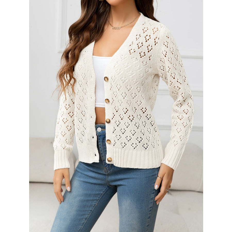 Openwork V-Neck Buttoned Knit Top White / S