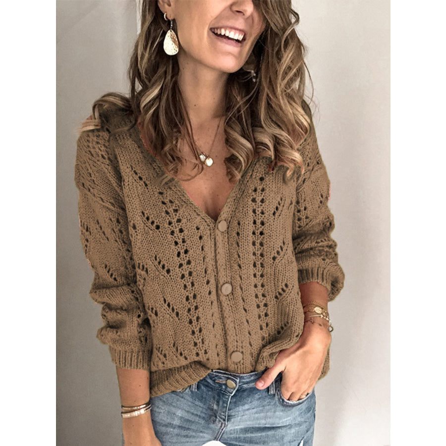 Openwork V-Neck Cardigan Brown / S Apparel and Accessories
