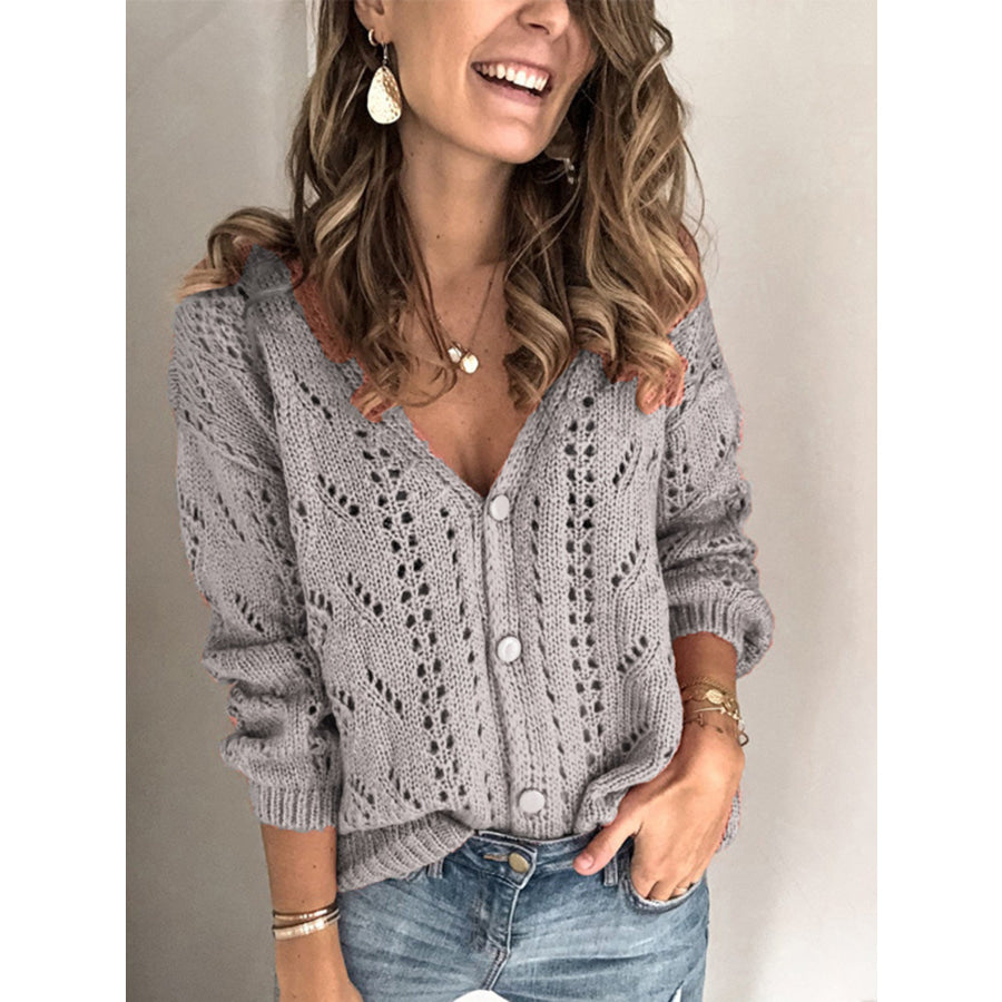 Openwork V-Neck Cardigan Gray / S Apparel and Accessories