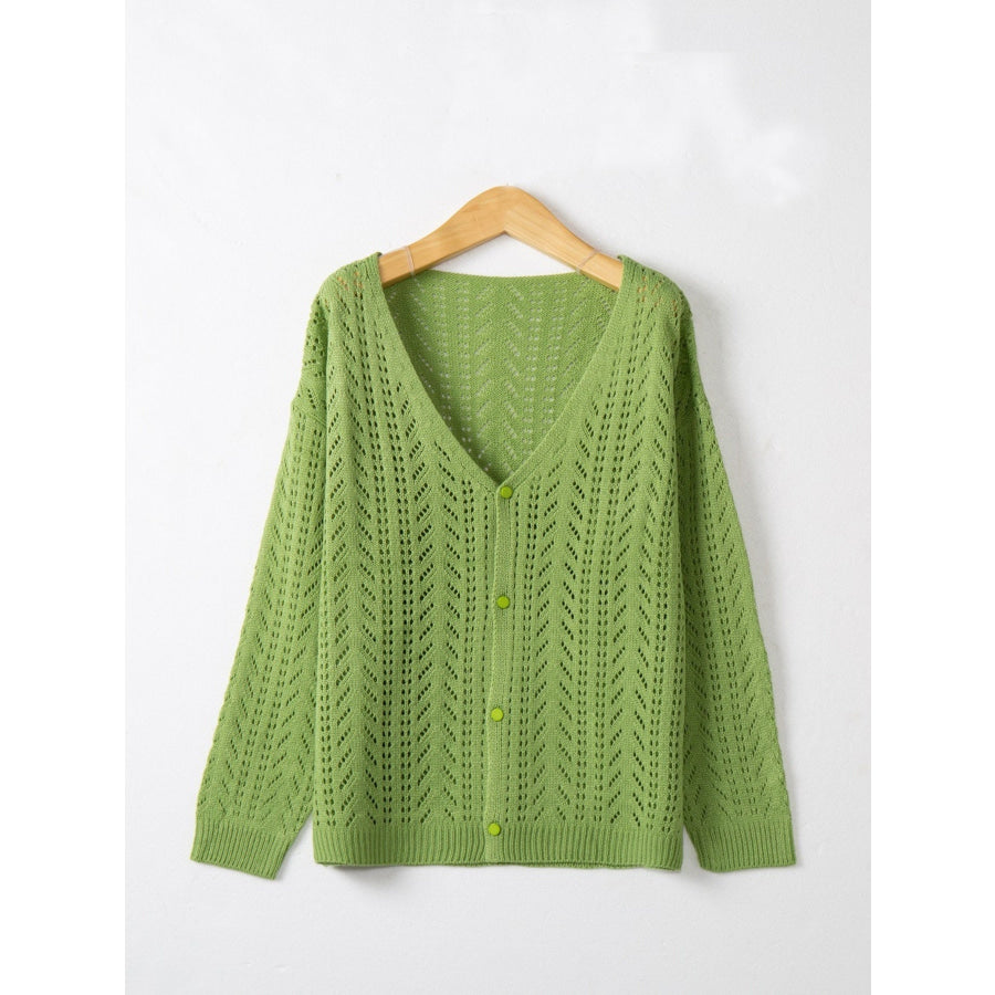 Openwork V-Neck Cardigan Green / S Apparel and Accessories