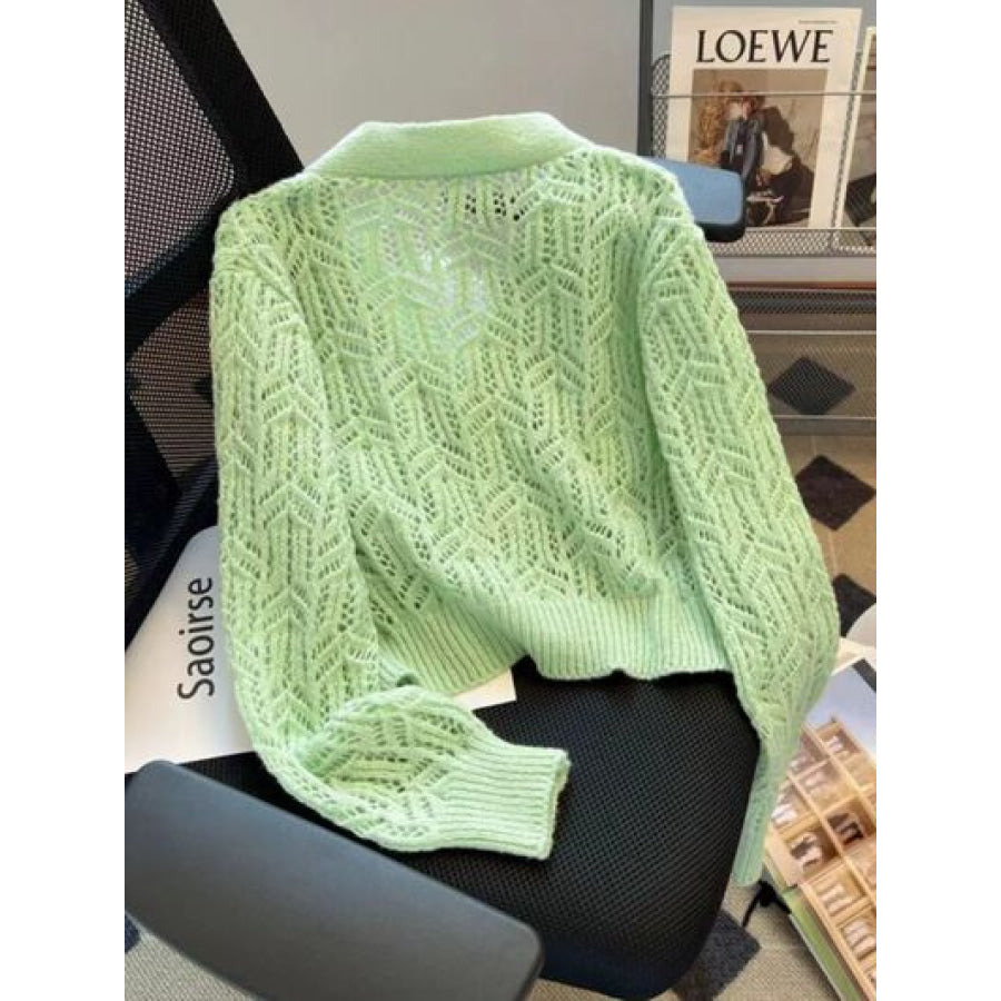 Openwork V - Neck Dropped Shoulder Cardigan Light Green / S Apparel and Accessories