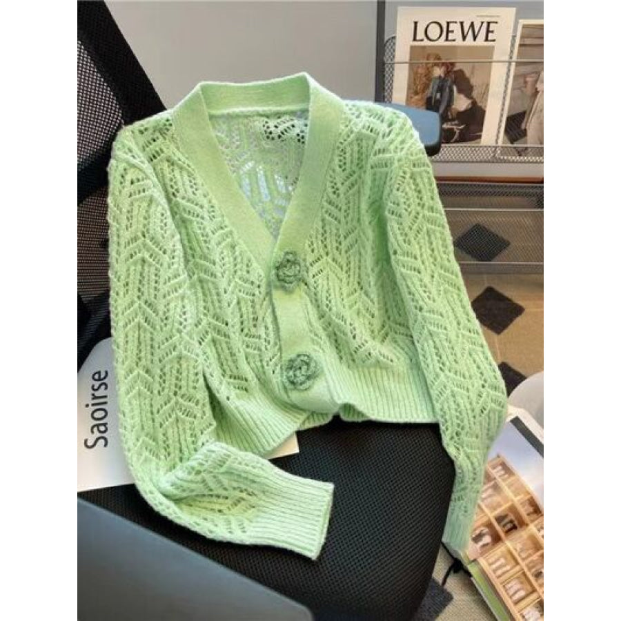 Openwork V - Neck Dropped Shoulder Cardigan Light Green / S Apparel and Accessories