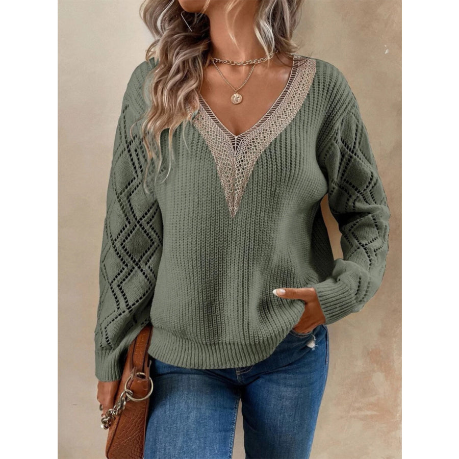 Openwork V - Neck Dropped Shoulder Sweater Apparel and Accessories