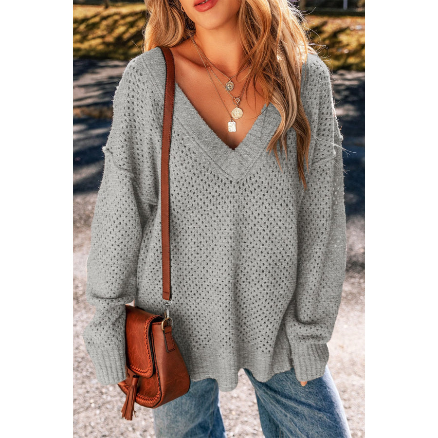 Openwork V-Neck Dropped Shoulder Sweater Apparel and Accessories