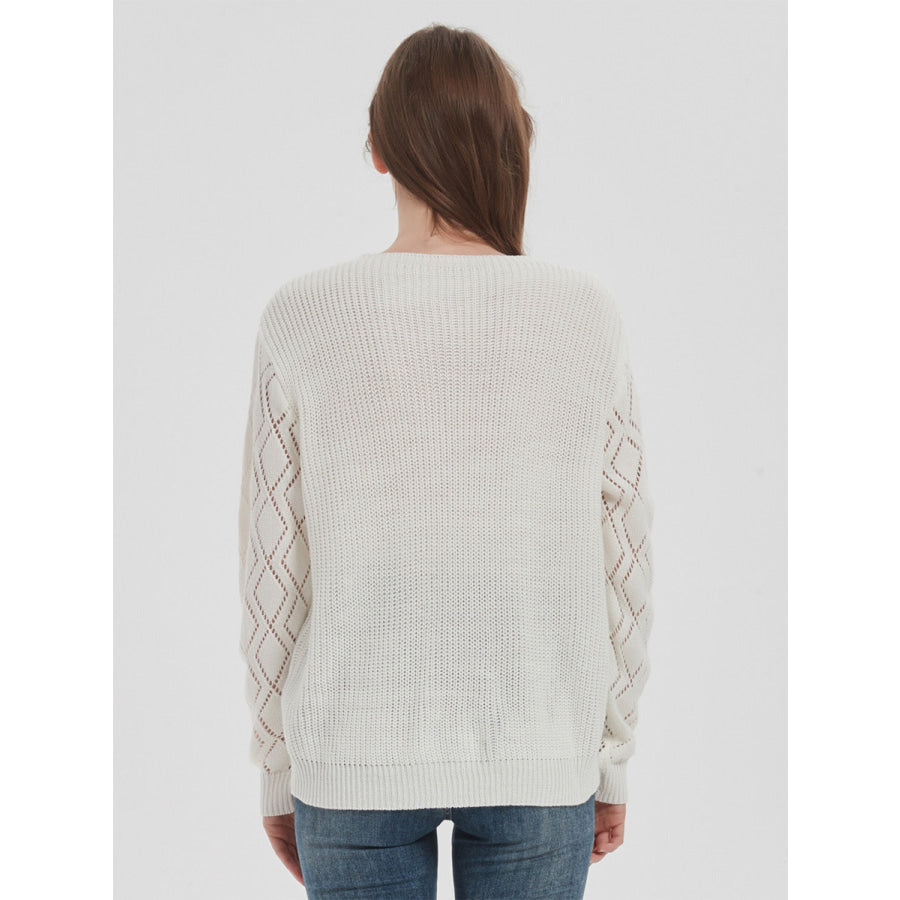 Openwork V - Neck Dropped Shoulder Sweater White / S Apparel and Accessories