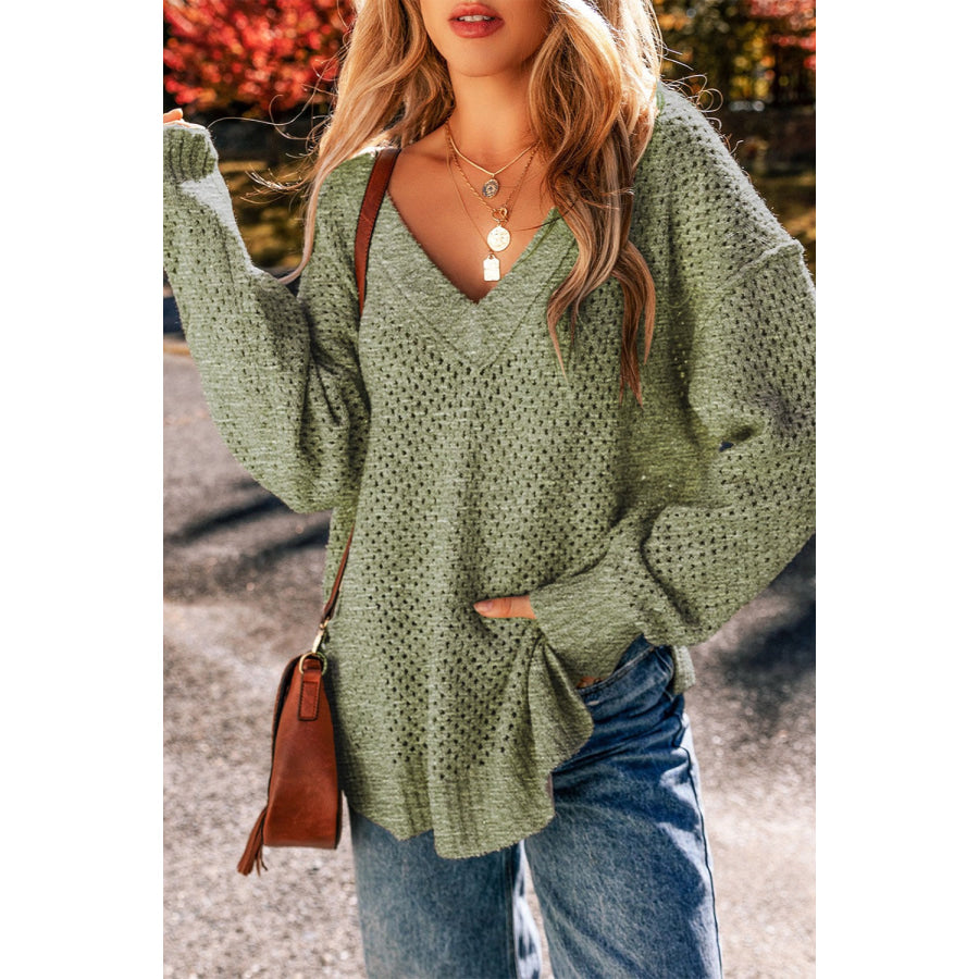 Openwork V-Neck Dropped Shoulder Sweater Apparel and Accessories