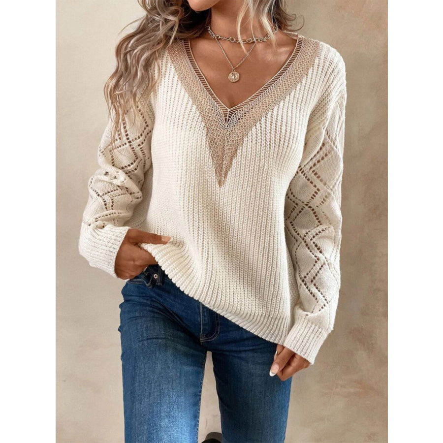 Openwork V - Neck Dropped Shoulder Sweater Apparel and Accessories
