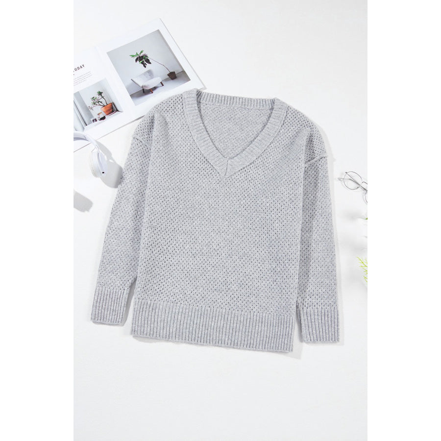 Openwork V-Neck Dropped Shoulder Sweater Apparel and Accessories