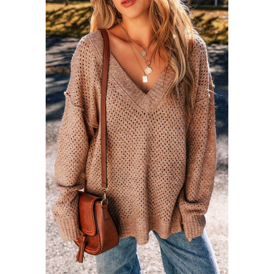 Openwork V-Neck Dropped Shoulder Sweater Apparel and Accessories