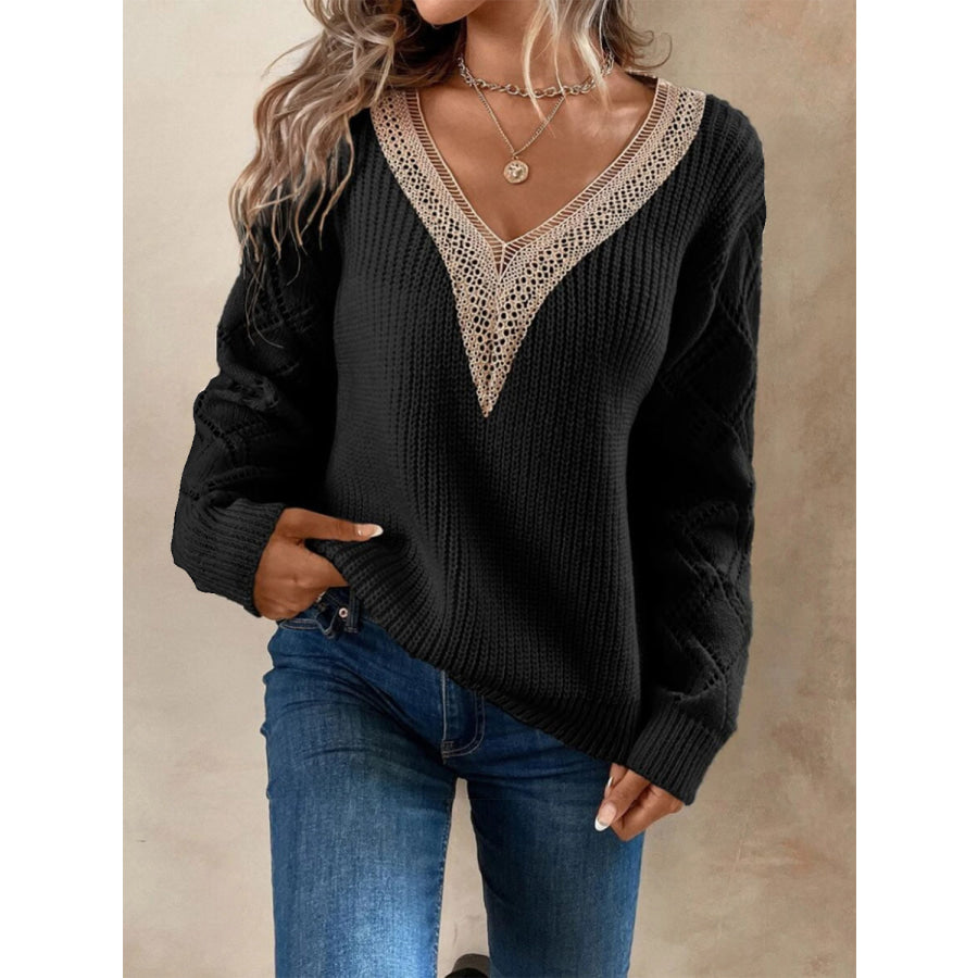 Openwork V - Neck Dropped Shoulder Sweater Black / S Apparel and Accessories