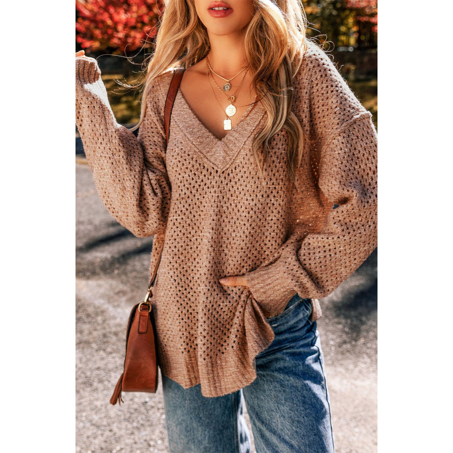 Openwork V-Neck Dropped Shoulder Sweater Camel / S Apparel and Accessories