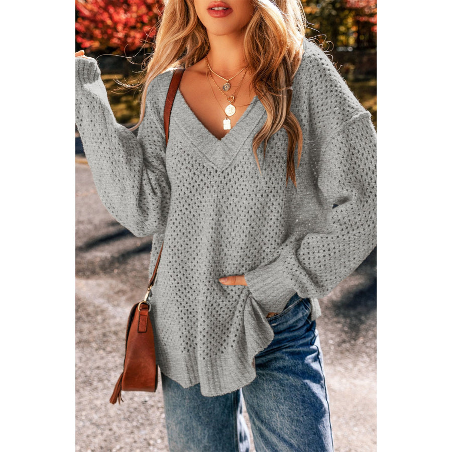 Openwork V-Neck Dropped Shoulder Sweater Gray / S Apparel and Accessories