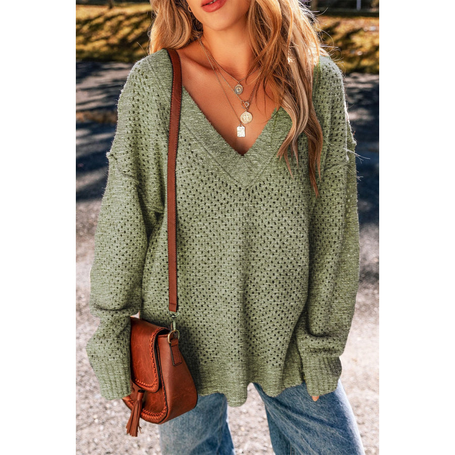 Openwork V-Neck Dropped Shoulder Sweater Sage / S Apparel and Accessories