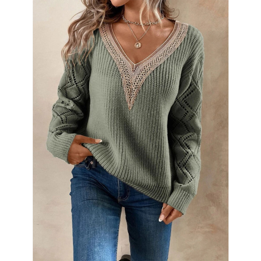 Openwork V - Neck Dropped Shoulder Sweater Sage / S Apparel and Accessories