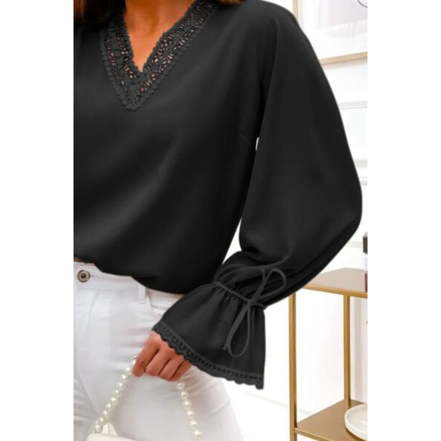 Openwork V - Neck Flounce Sleeve Blouse Apparel and Accessories