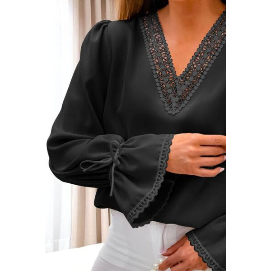 Openwork V - Neck Flounce Sleeve Blouse Apparel and Accessories