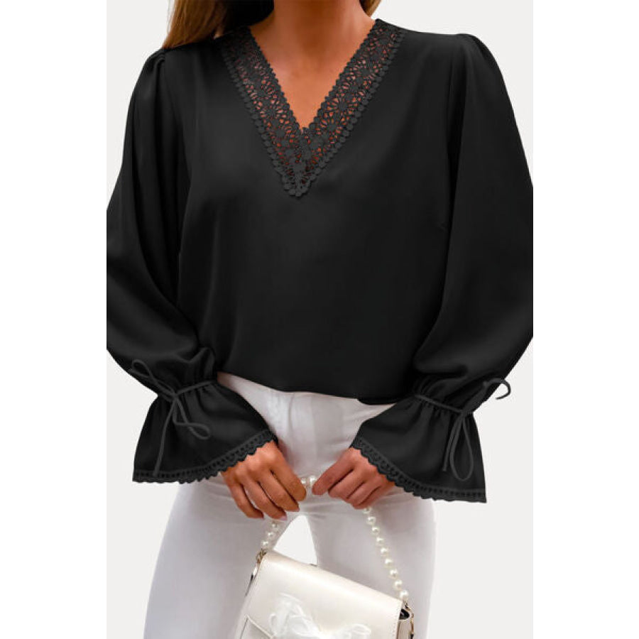 Openwork V - Neck Flounce Sleeve Blouse Black / S Apparel and Accessories