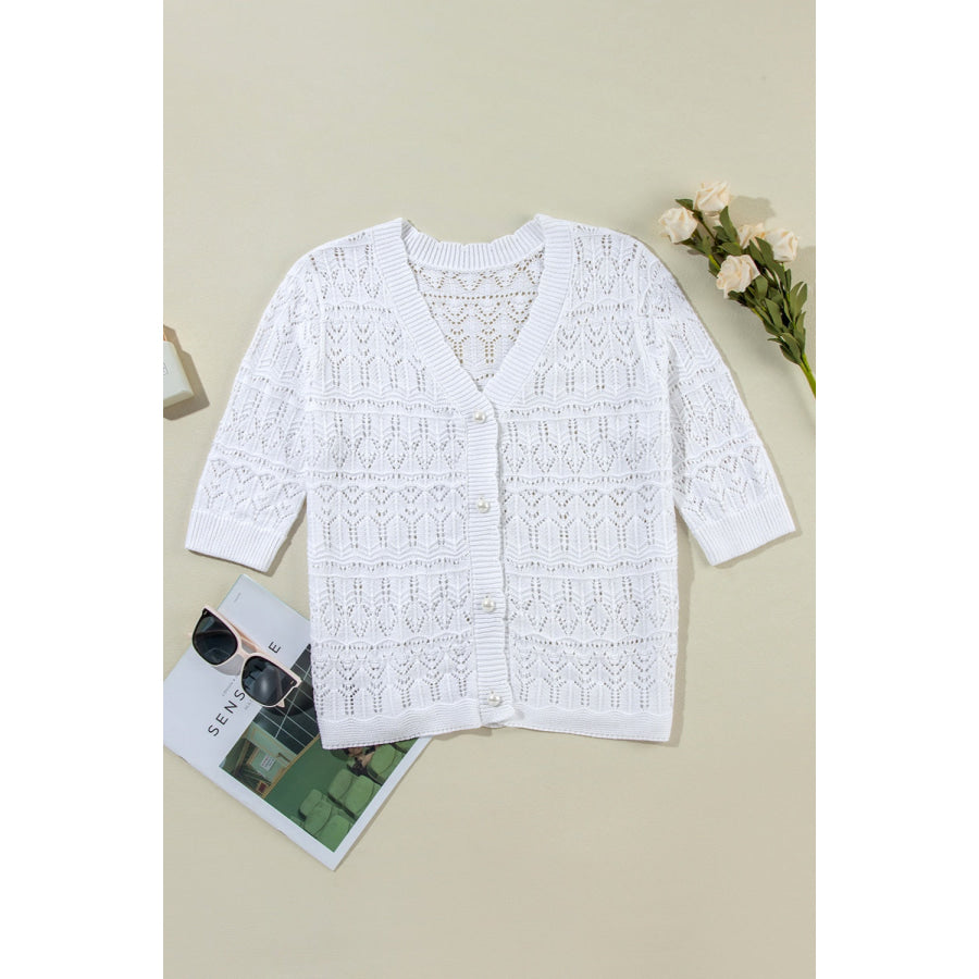 Openwork V-Neck Half Sleeve Cardigan Apparel and Accessories