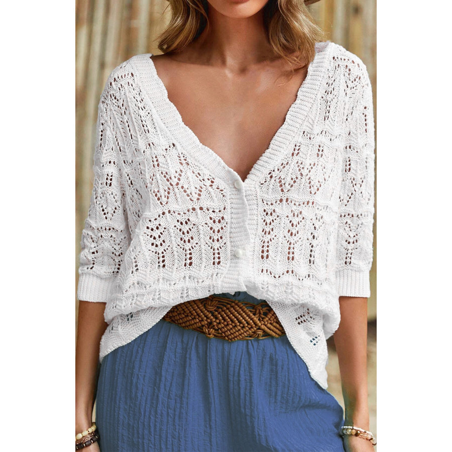 Openwork V-Neck Half Sleeve Cardigan White / S Apparel and Accessories