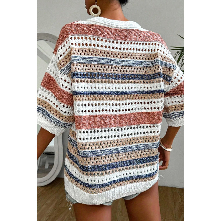 Openwork V-Neck Half Sleeve Knit Top White / S Apparel and Accessories