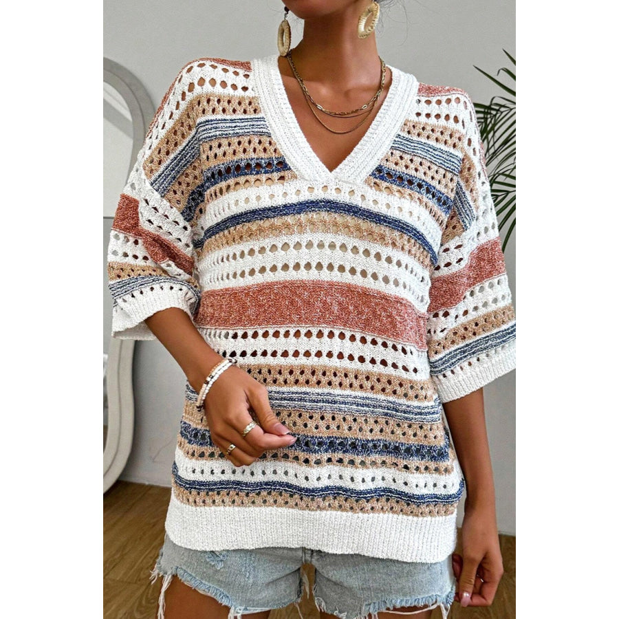 Openwork V-Neck Half Sleeve Knit Top White / S Apparel and Accessories