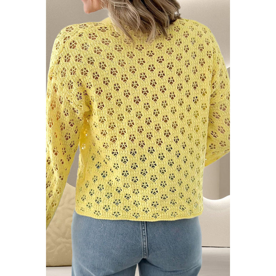 Openwork V-Neck Long Sleeve Cardigan Yellow / S Apparel and Accessories