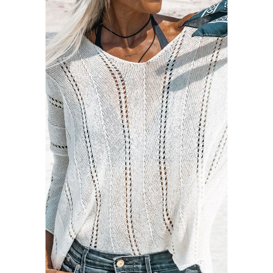 Openwork V-Neck Long Sleeve Knit Top Apparel and Accessories