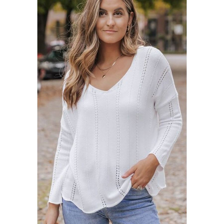 Openwork V-Neck Long Sleeve Knit Top Clothing