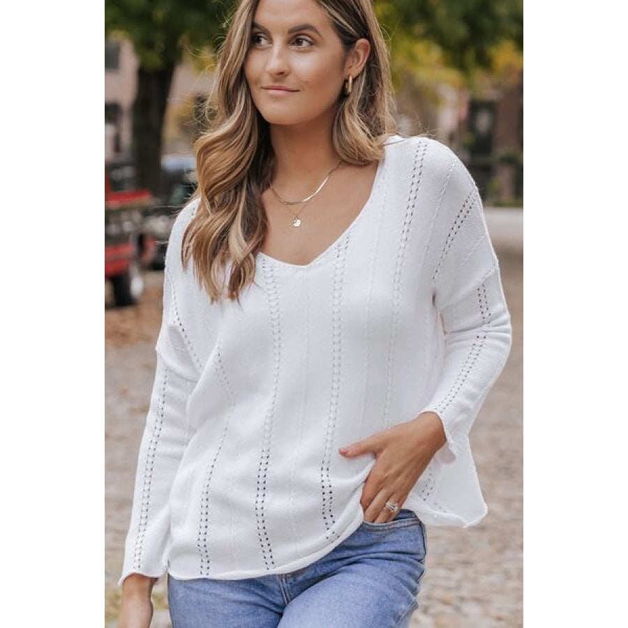 Openwork V-Neck Long Sleeve Knit Top Clothing