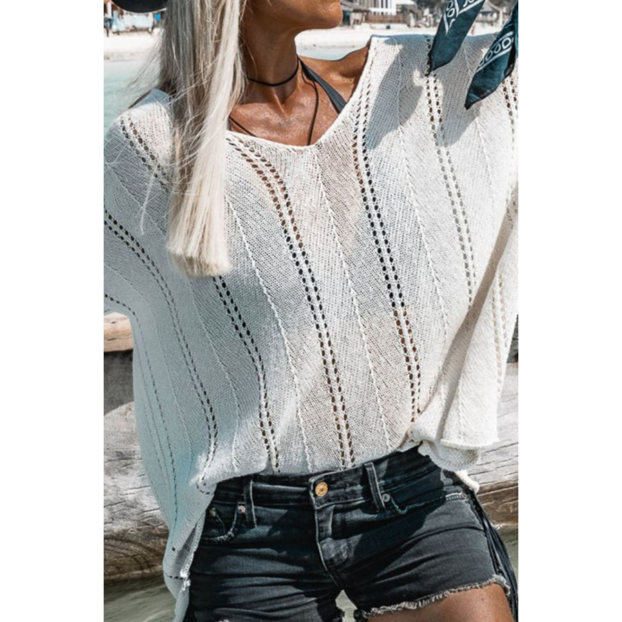 Openwork V-Neck Long Sleeve Knit Top White / S Apparel and Accessories