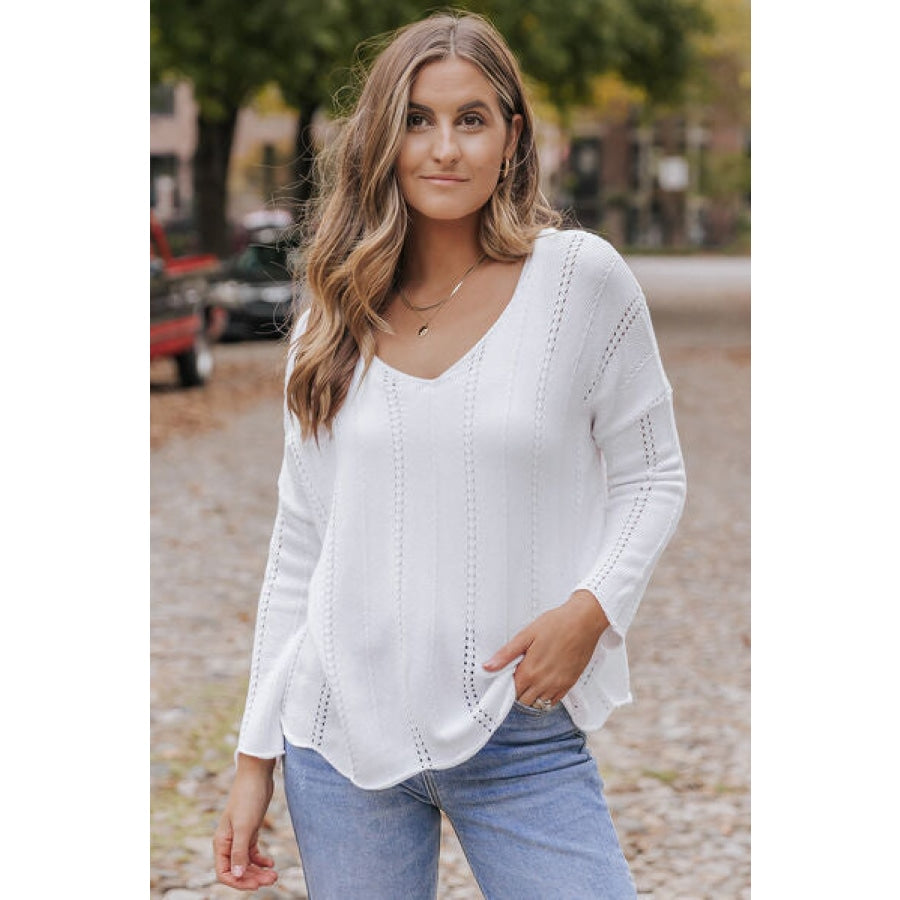 Openwork V-Neck Long Sleeve Knit Top White / S Clothing