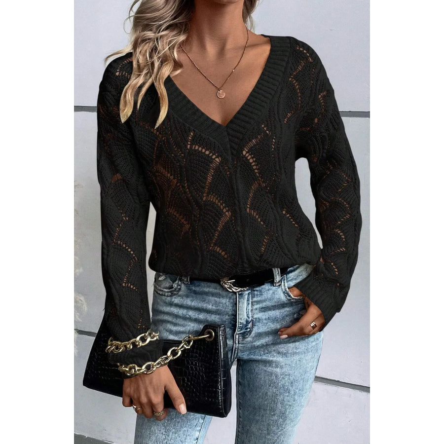 Openwork V-Neck Long Sleeve Sweater Apparel and Accessories