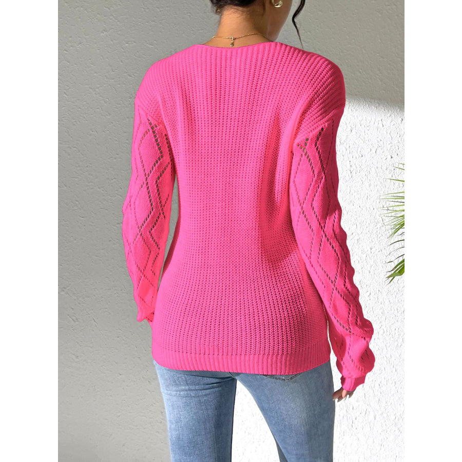 Openwork V-Neck Long Sleeve Sweater Apparel and Accessories