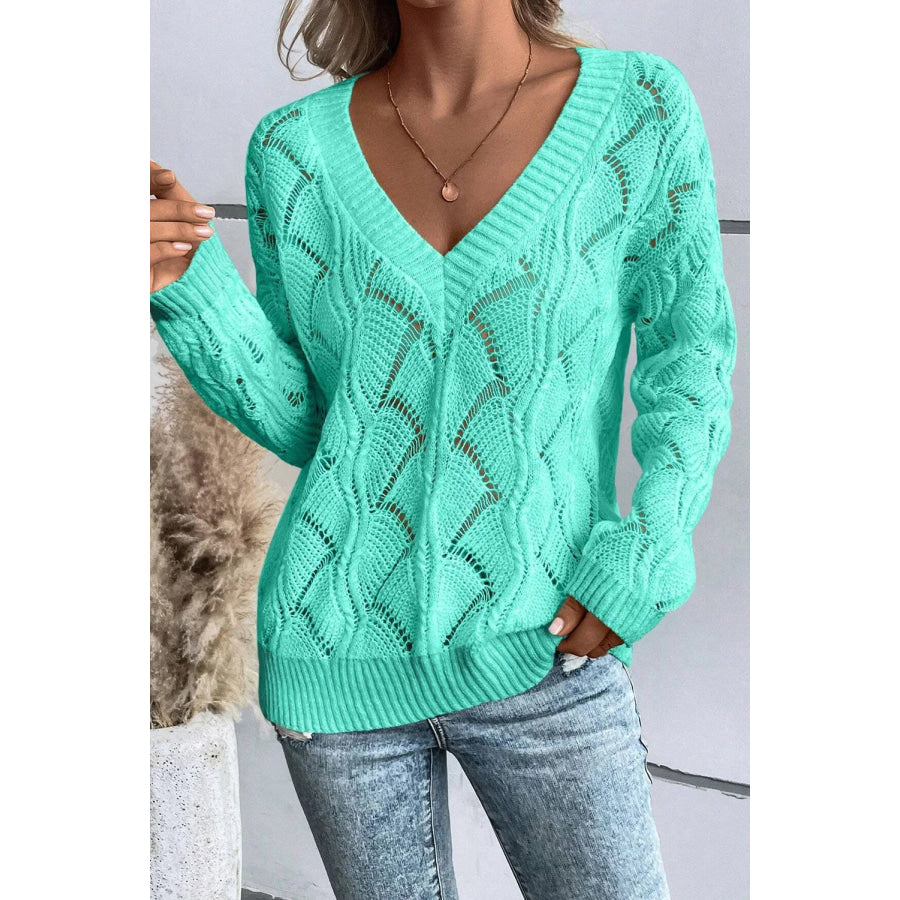 Openwork V-Neck Long Sleeve Sweater Apparel and Accessories