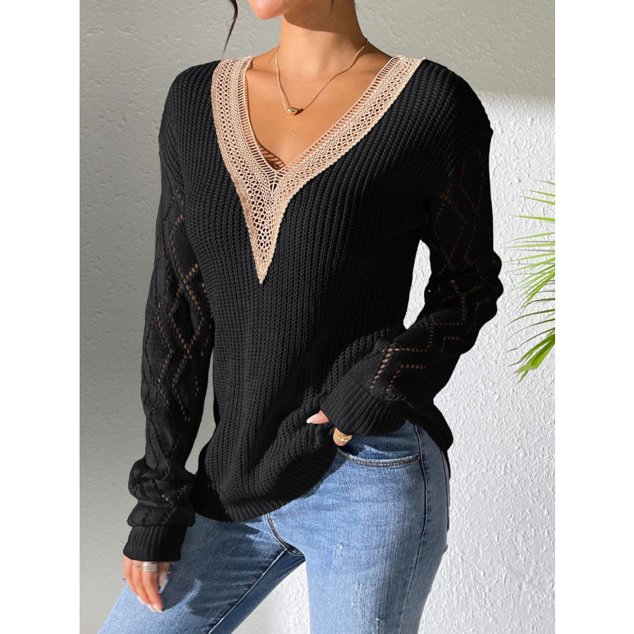 Openwork V-Neck Long Sleeve Sweater Apparel and Accessories