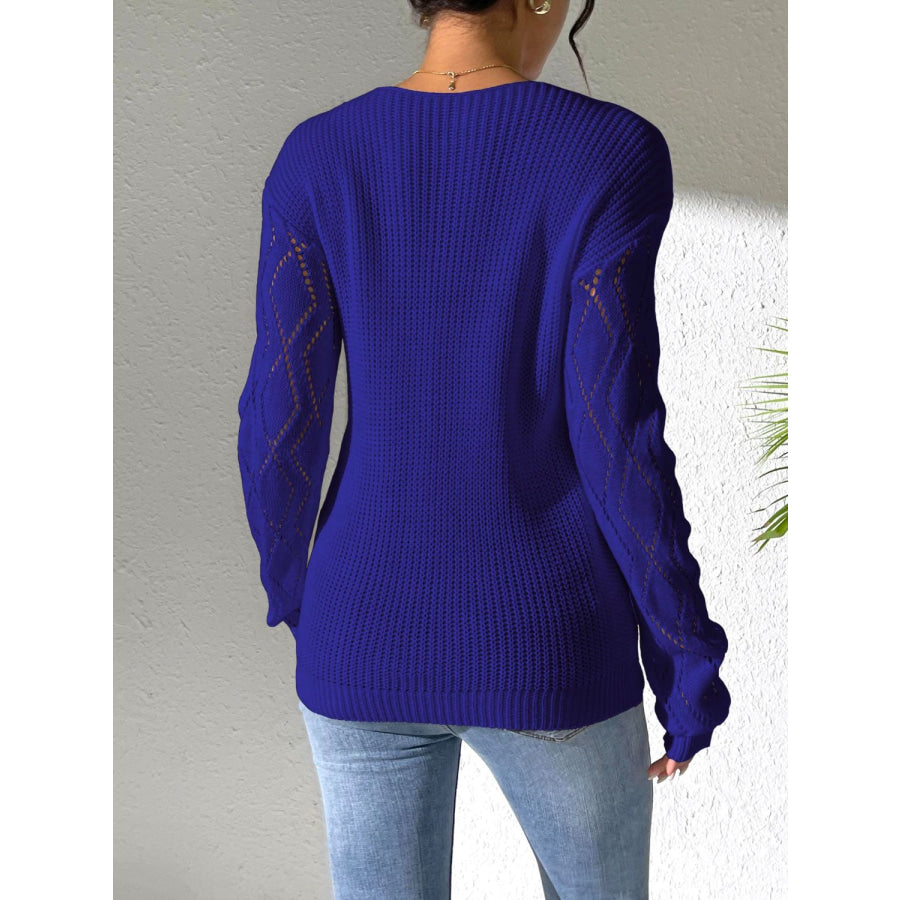 Openwork V-Neck Long Sleeve Sweater Apparel and Accessories