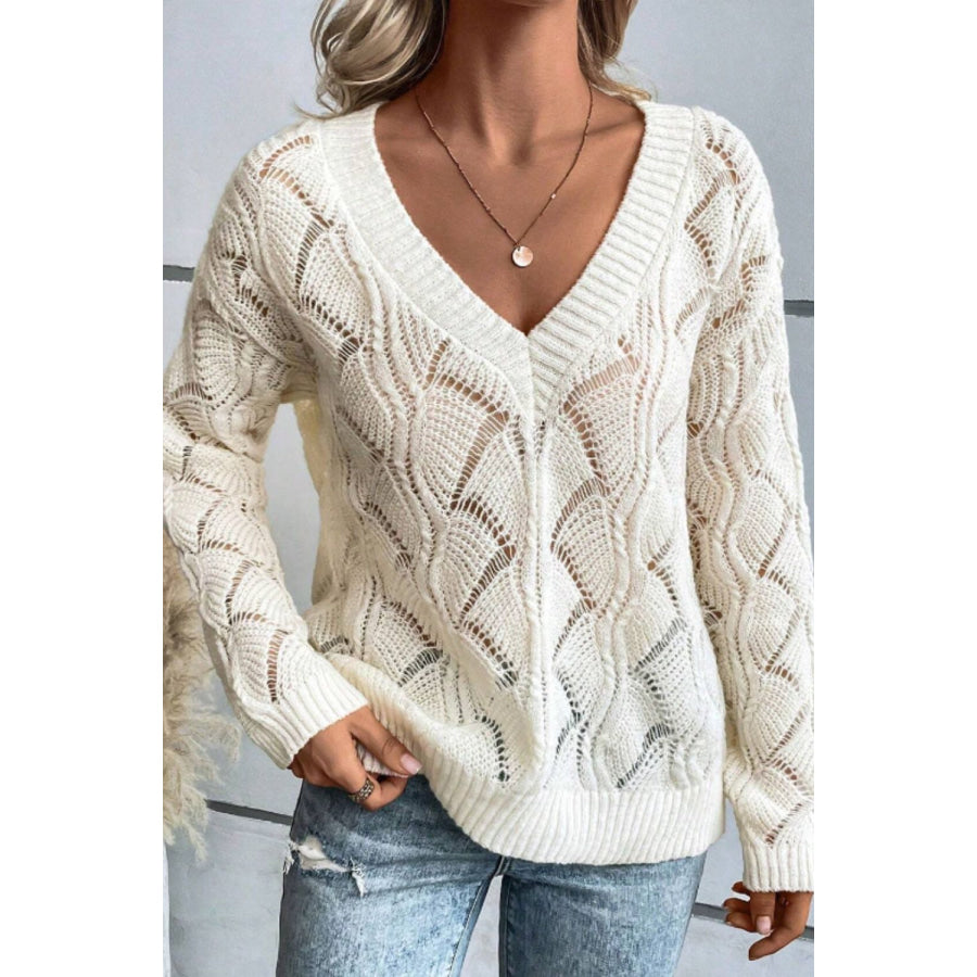 Openwork V-Neck Long Sleeve Sweater Apparel and Accessories