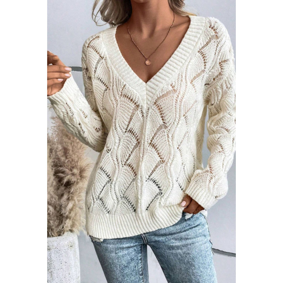 Openwork V-Neck Long Sleeve Sweater Apparel and Accessories