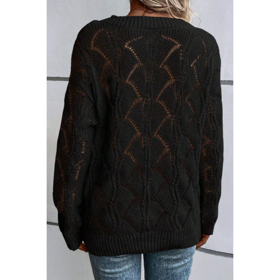 Openwork V-Neck Long Sleeve Sweater Apparel and Accessories