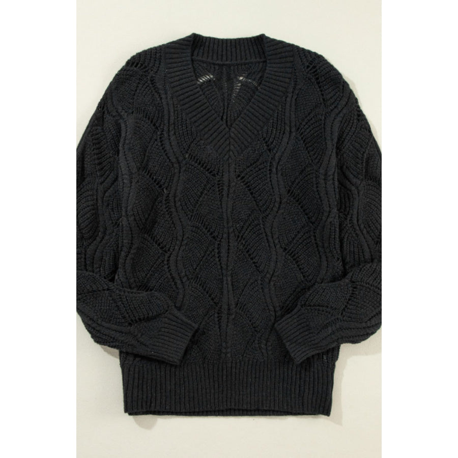 Openwork V-Neck Long Sleeve Sweater Apparel and Accessories