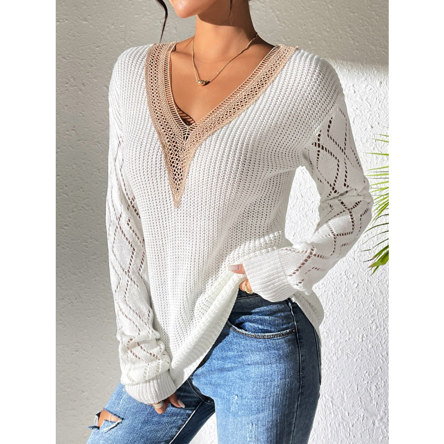 Openwork V-Neck Long Sleeve Sweater Apparel and Accessories