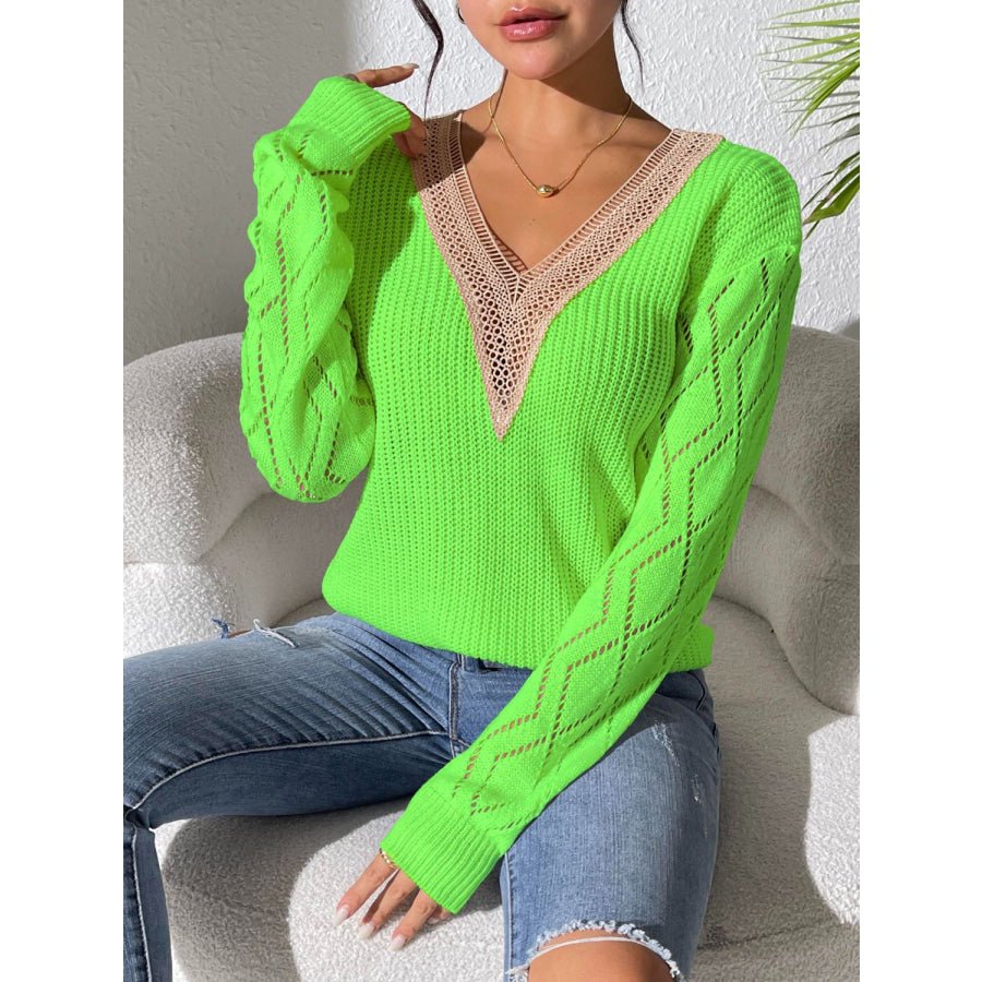 Openwork V-Neck Long Sleeve Sweater Apparel and Accessories